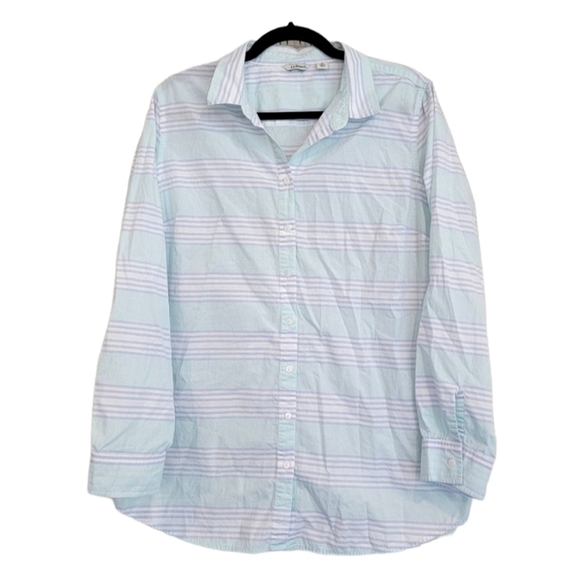 L.L. Bean Cotton Mint Green Light Blue Striped Button Down Shirt Size Large - Picture 2 of 10